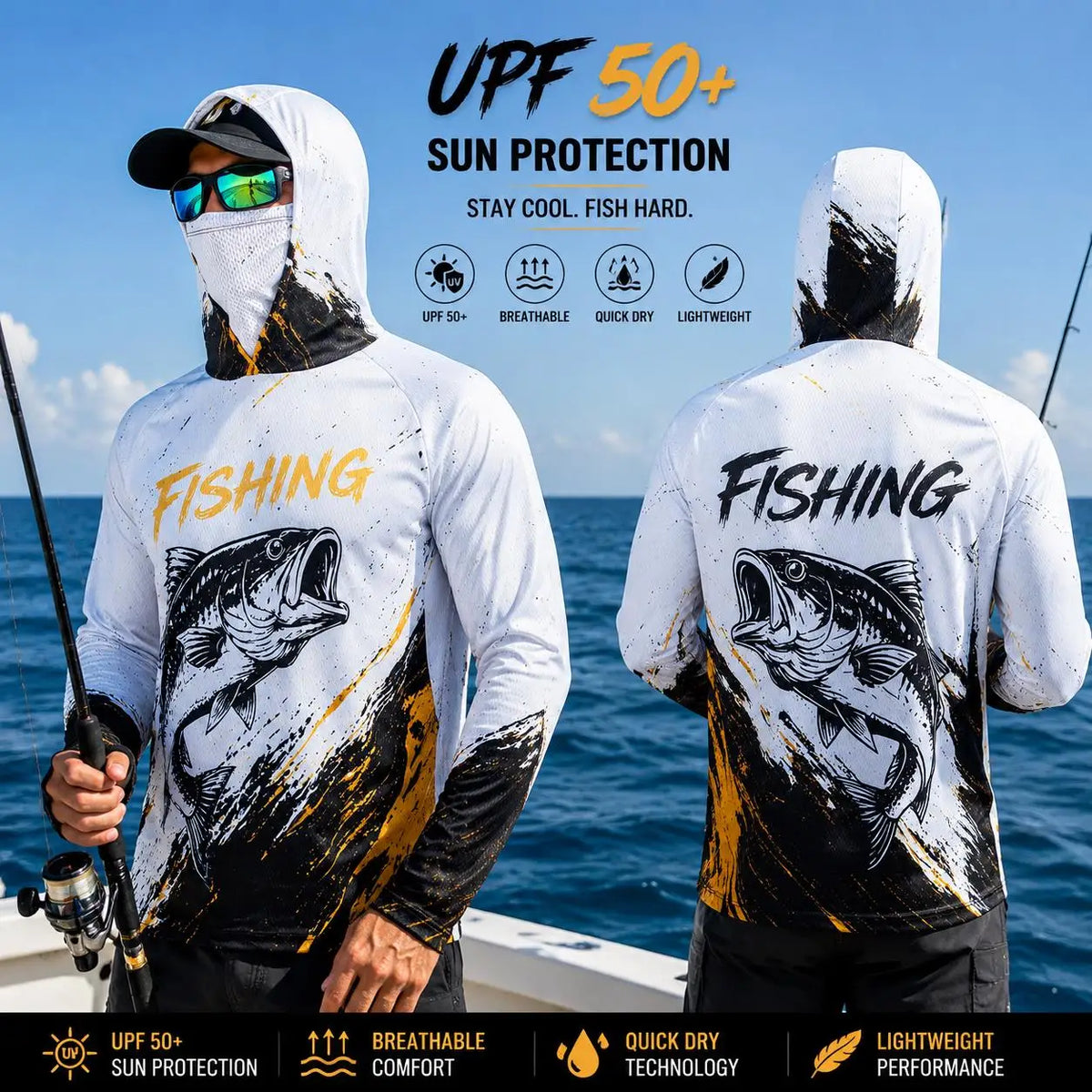 Outdoor Sun Protective Long Sleeve Fishing Top Neck Mask Print Unisex Back Large Fish‑Bone Lightweight Breathable Fishing Jersey
