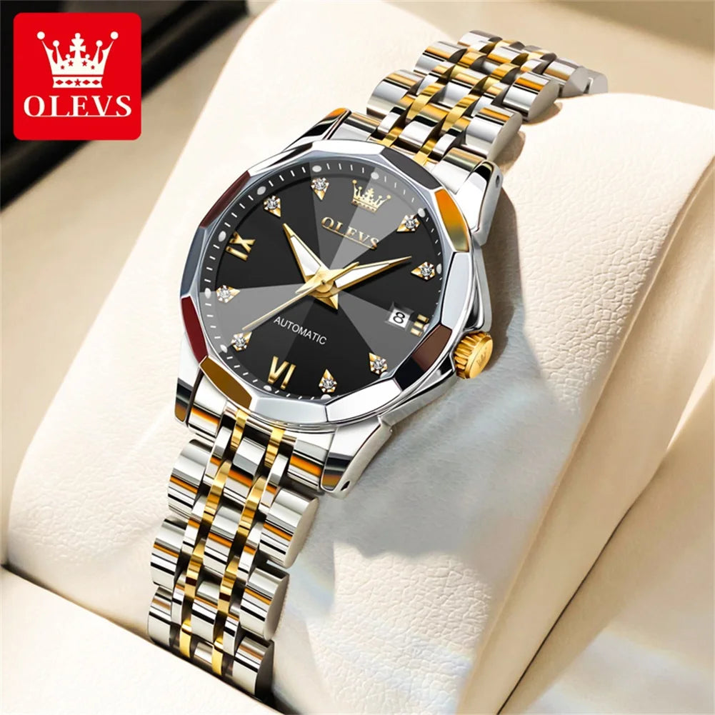 OLEVS 9982 Women's Watches Sparkling Shining Diamond Scale Original Automatic Mechanical Wristwatch for Lady Waterproof
