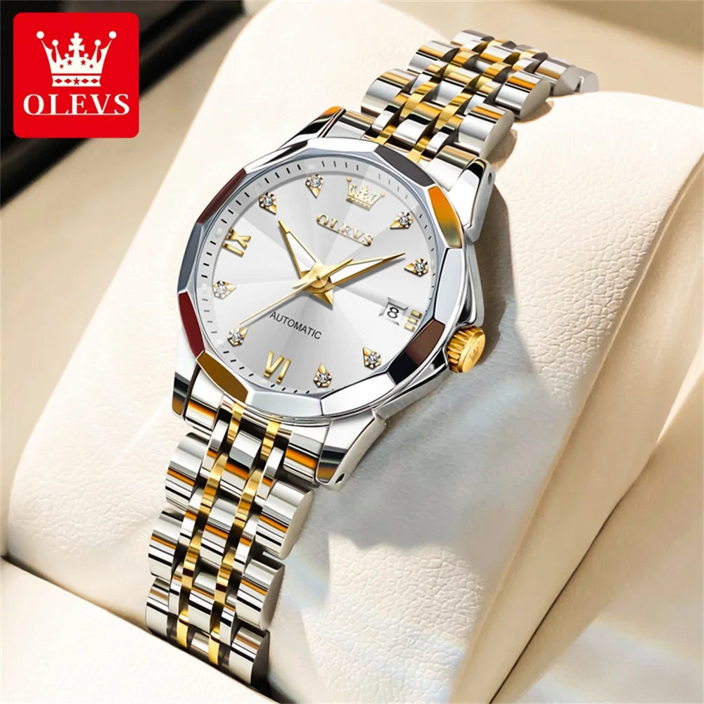 OLEVS 9982 Women's Watches Sparkling Shining Diamond Scale Original Automatic Mechanical Wristwatch for Lady Waterproof