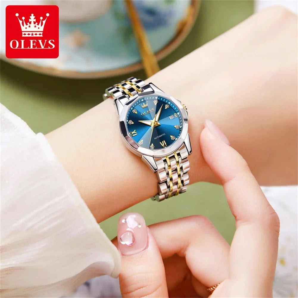 OLEVS 9982 Women's Watches Sparkling Shining Diamond Scale Original Automatic Mechanical Wristwatch for Lady Waterproof