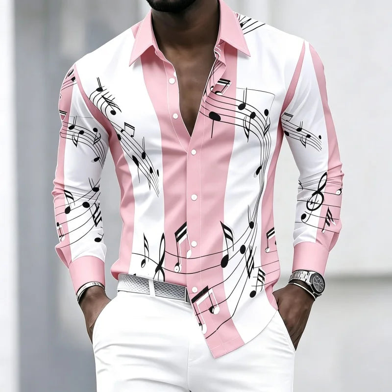 Men's collared shirt with creative musical note print, trendy long-sleeved casual top for everyday wear, dates, and outings.