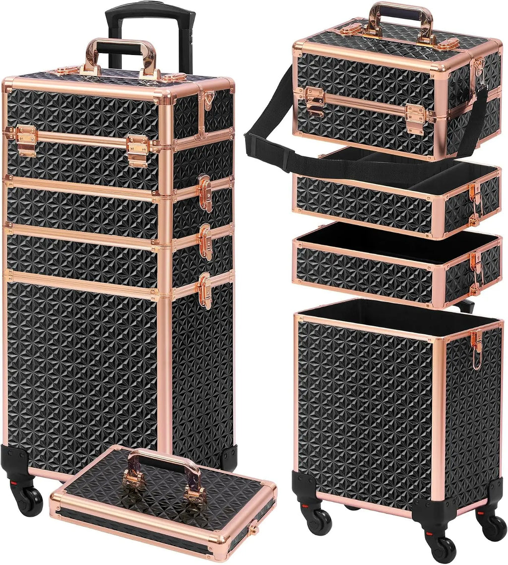 Black‑Gold 5‑in‑1 Rolling Makeup Train Case with Lid, Large Professional Wheeled Cosmetology Organizer, Portable Cosmetic Trolley Case for Salon Barber, Holiday Gift Option