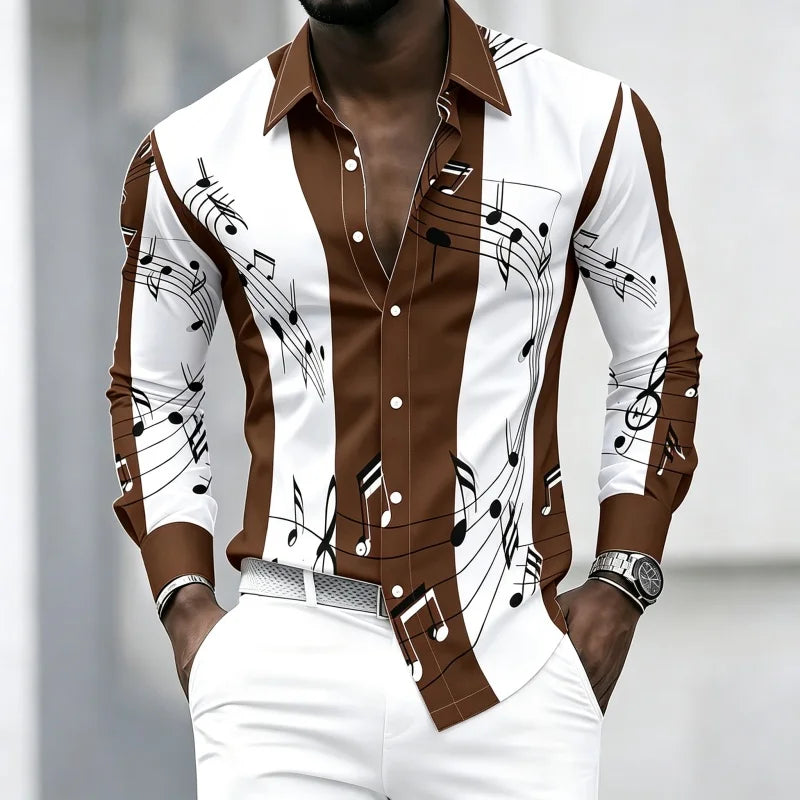 Men's collared shirt with creative musical note print, trendy long-sleeved casual top for everyday wear, dates, and outings.
