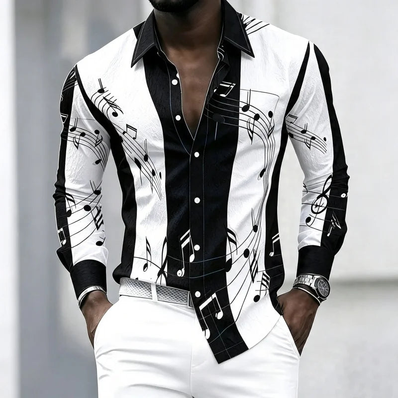 Men's collared shirt with creative musical note print, trendy long-sleeved casual top for everyday wear, dates, and outings.