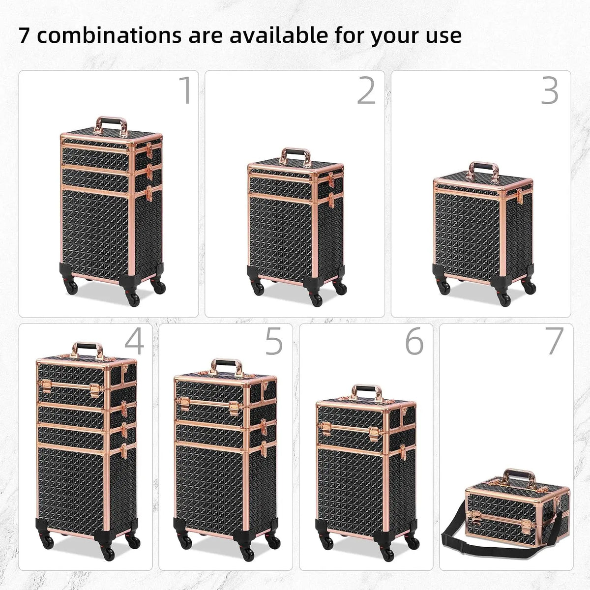 Black‑Gold 5‑in‑1 Rolling Makeup Train Case with Lid, Large Professional Wheeled Cosmetology Organizer, Portable Cosmetic Trolley Case for Salon Barber, Holiday Gift Option