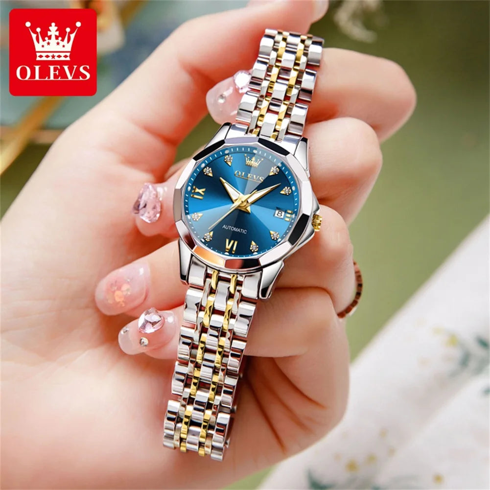 OLEVS 9982 Women's Watches Sparkling Shining Diamond Scale Original Automatic Mechanical Wristwatch for Lady Waterproof