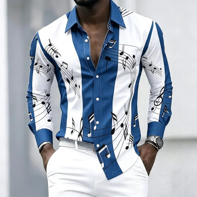 Men's collared shirt with creative musical note print, trendy long-sleeved casual top for everyday wear, dates, and outings.