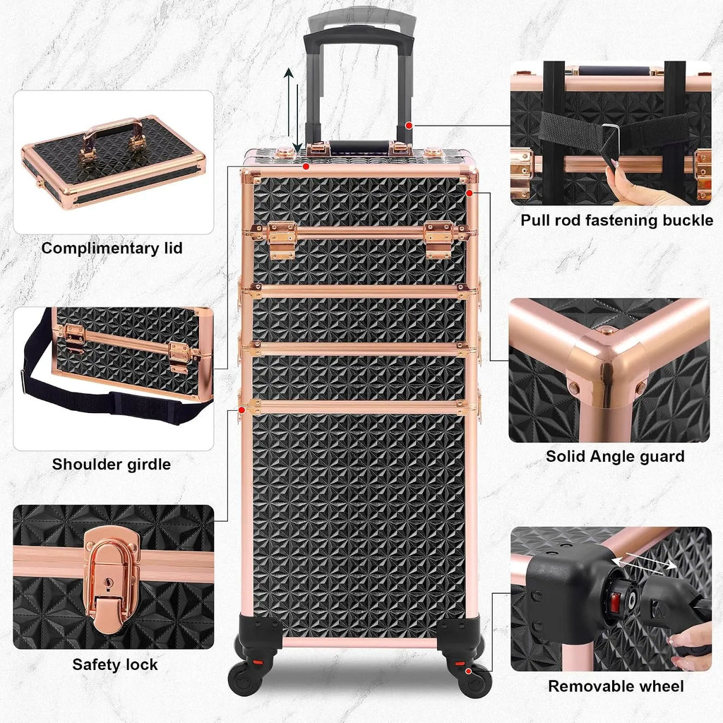 Black‑Gold 5‑in‑1 Rolling Makeup Train Case with Lid, Large Professional Wheeled Cosmetology Organizer, Portable Cosmetic Trolley Case for Salon Barber, Holiday Gift Option