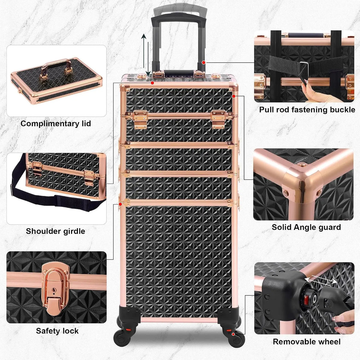 Black‑Gold 5‑in‑1 Rolling Makeup Train Case with Lid, Large Professional Wheeled Cosmetology Organizer, Portable Cosmetic Trolley Case for Salon Barber, Holiday Gift Option
