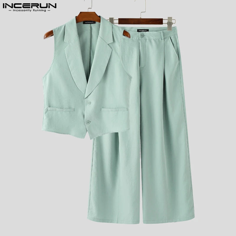 INCERUN Summer Men's Sets Solid Color Sleeveless Tops Tee Buttons