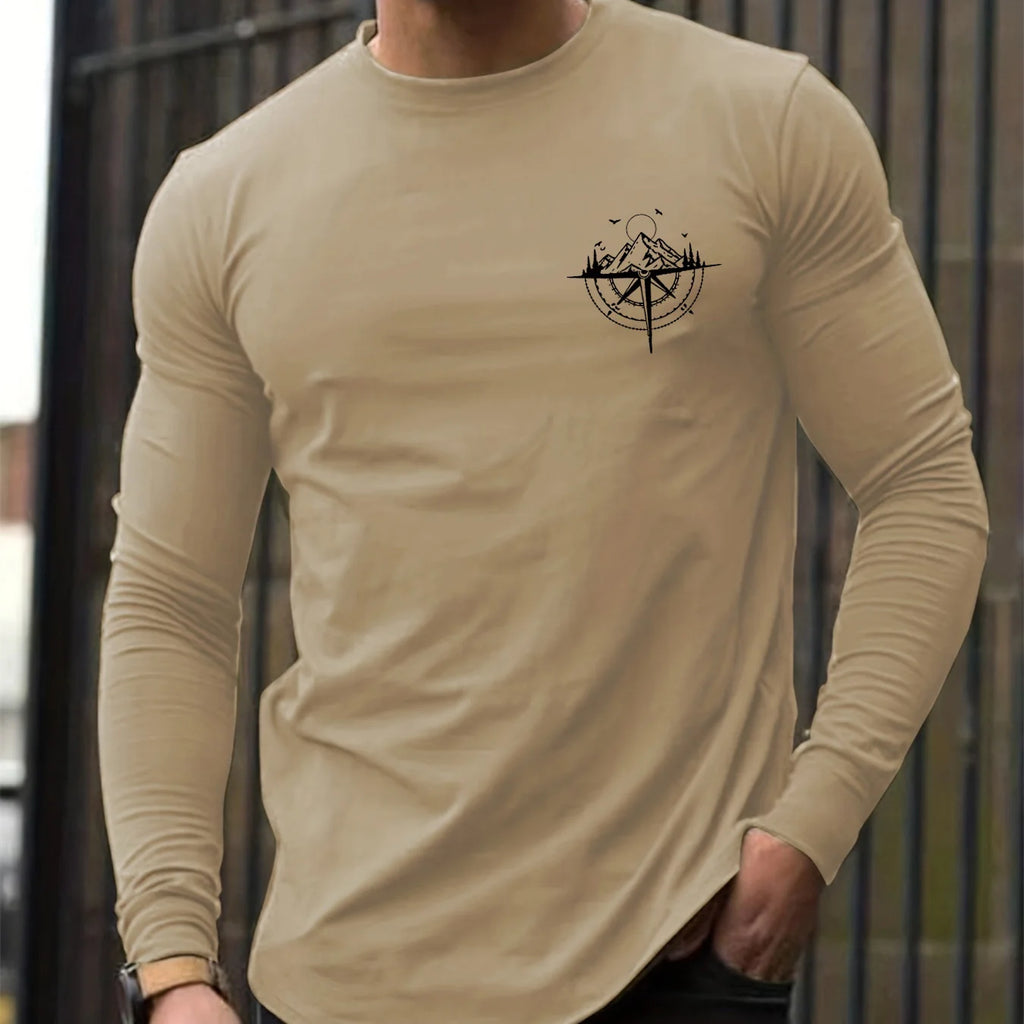 100% Pure Cotton Men's Long Sleeved Round Neck Loose Mountain and
