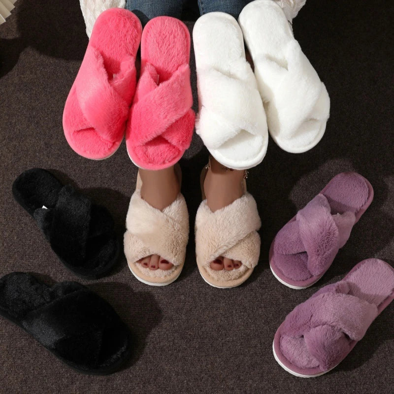 Autumn New Fashion Cross Strap Fur Slippers Women Indoor Light Warm