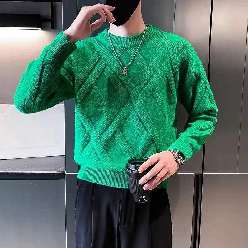 White Knitted Sweaters for Men Round Collar Green Crewneck Pullovers