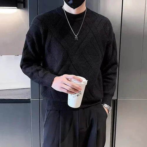 White Knitted Sweaters for Men Round Collar Green Crewneck Pullovers