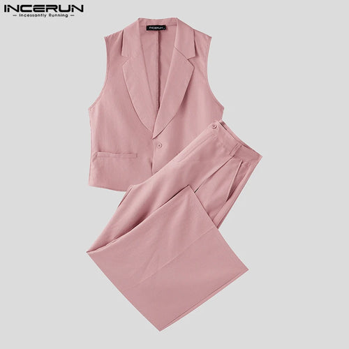 INCERUN Summer Men's Sets Solid Color Sleeveless Tops Tee Buttons