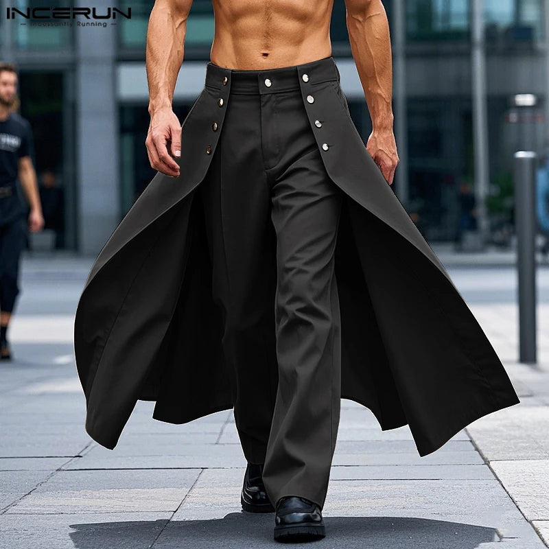 INCERUN Men Irregular Pants Solid Color Button Joggers Loose Casual