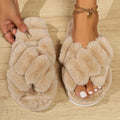 Women's Fluffy Cross Strap Fur Slippers Lightweight Soft Warm Plush