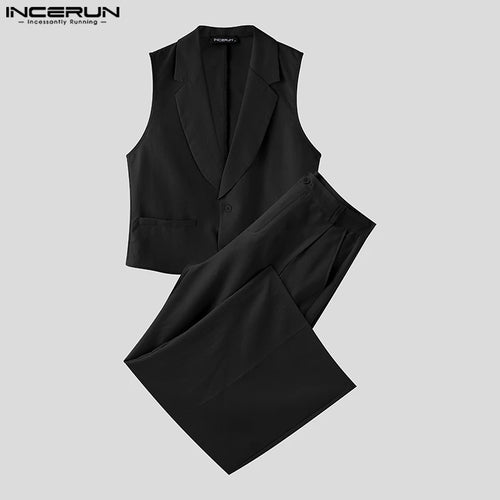 INCERUN Summer Men's Sets Solid Color Sleeveless Tops Tee Buttons