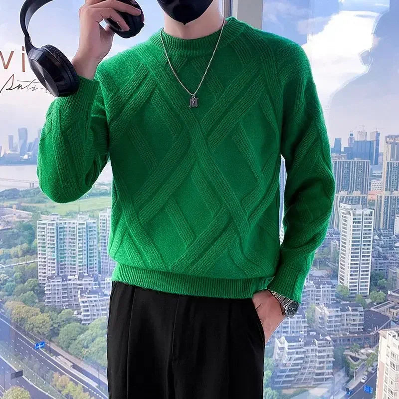 White Knitted Sweaters for Men Round Collar Green Crewneck Pullovers