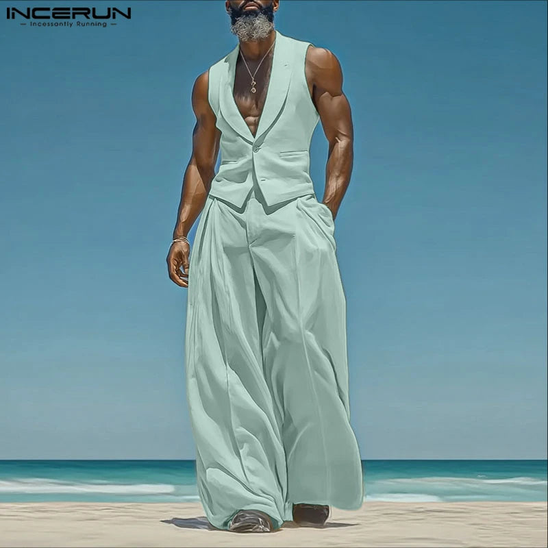 INCERUN Summer Men's Sets Solid Color Sleeveless Tops Tee Buttons