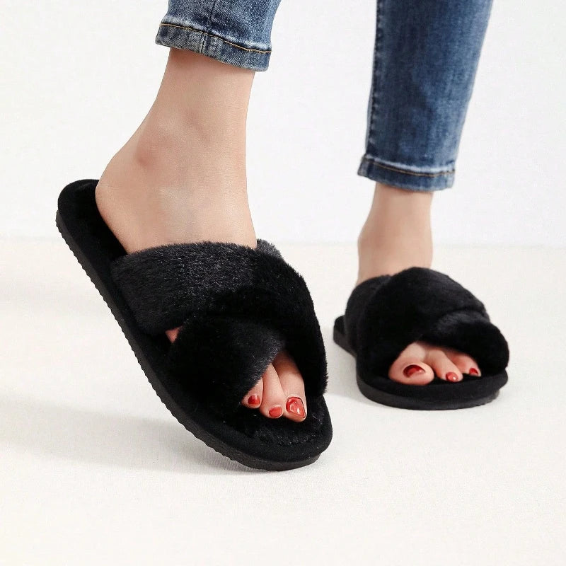 Autumn New Fashion Cross Strap Fur Slippers Women Indoor Light Warm