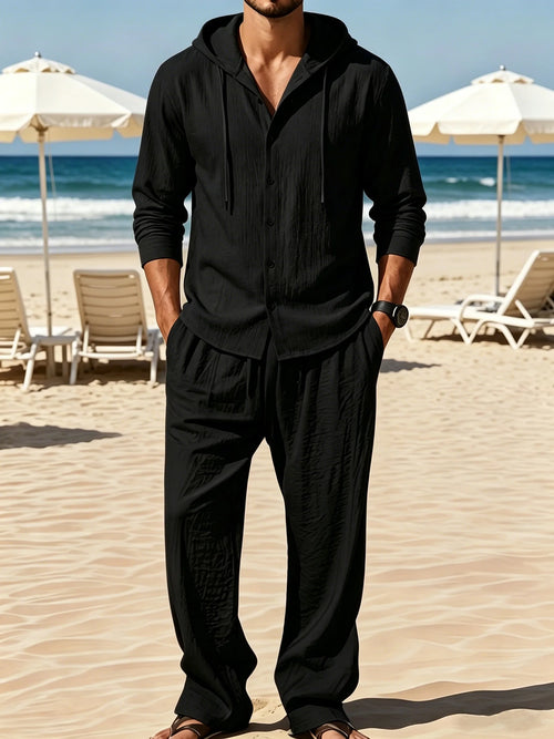 Men’s Oversized Hooded Shirt and Pants Set Breathable Casual Button