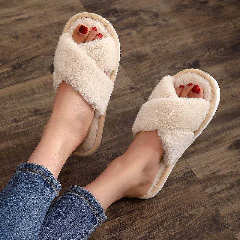 Autumn New Fashion Cross Strap Fur Slippers Women Indoor Light Warm