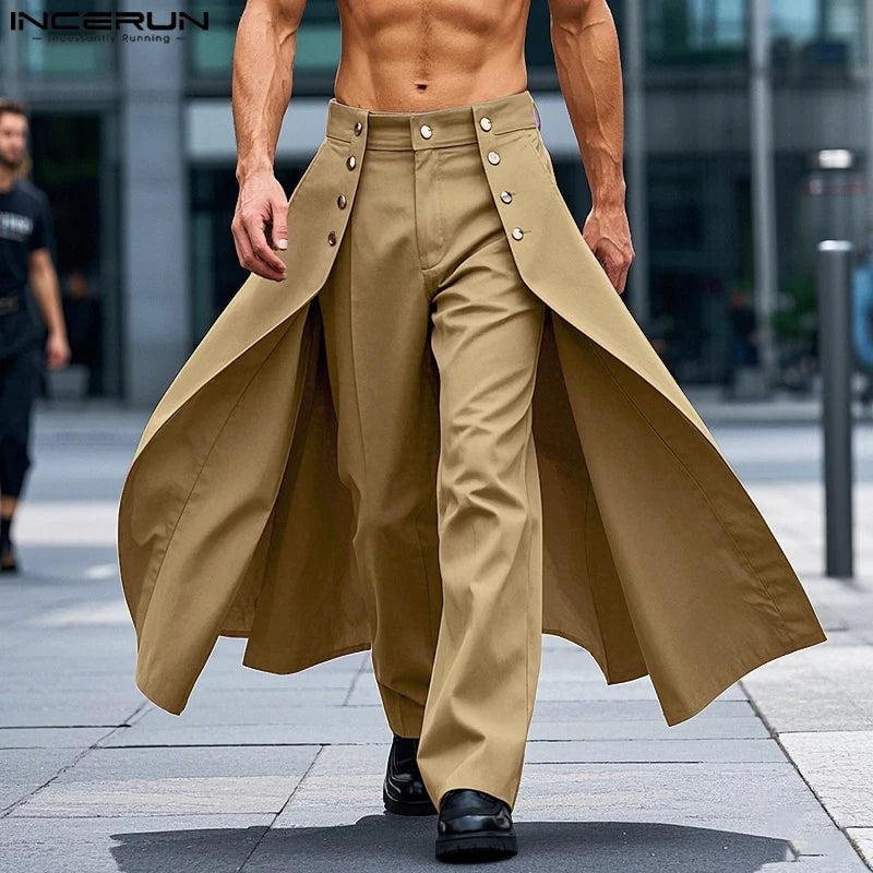 INCERUN Men Irregular Pants Solid Color Button Joggers Loose Casual