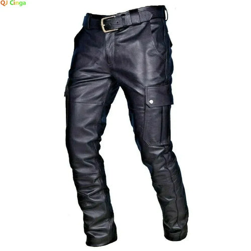Men's Leather Motorcycle Pants with Cargo Pockets, Black, PU Pants  No
