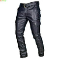 Men's Leather Motorcycle Pants with Cargo Pockets, Black, PU Pants  No