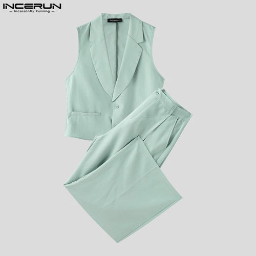 INCERUN Summer Men's Sets Solid Color Sleeveless Tops Tee Buttons