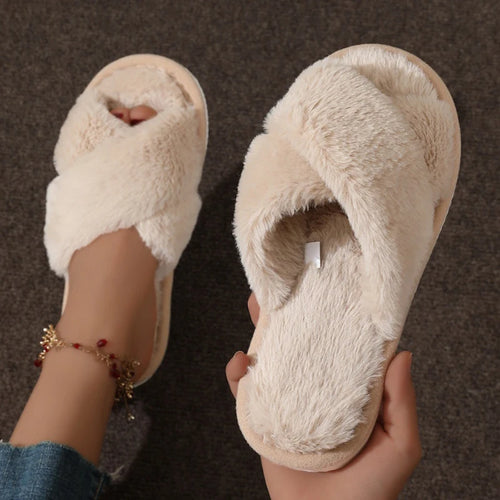 Autumn New Fashion Cross Strap Fur Slippers Women Indoor Light Warm