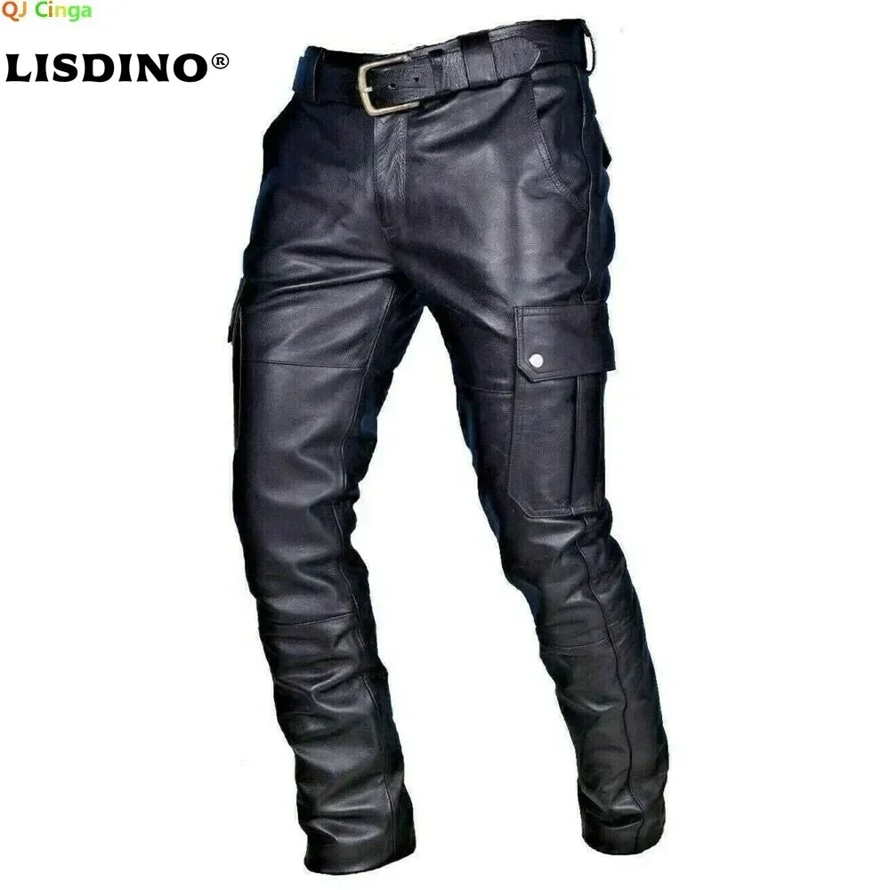 Men's Leather Motorcycle Pants with Cargo Pockets, Black, PU Pants  No