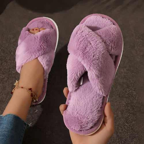 Autumn New Fashion Cross Strap Fur Slippers Women Indoor Light Warm