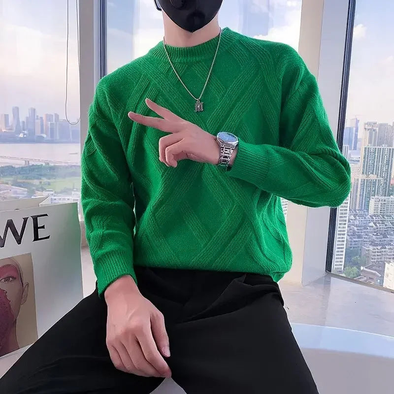 White Knitted Sweaters for Men Round Collar Green Crewneck Pullovers