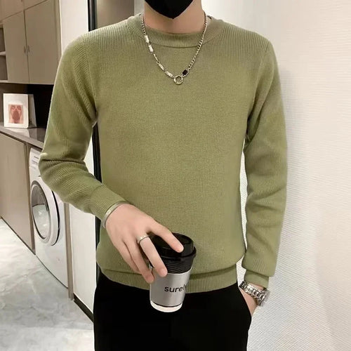 White Knitted Sweaters for Men Round Collar Green Crewneck Pullovers