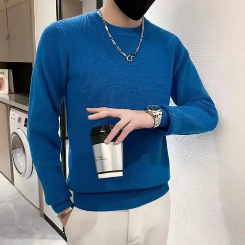 White Knitted Sweaters for Men Round Collar Green Crewneck Pullovers