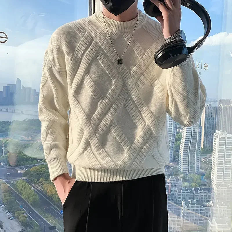 White Knitted Sweaters for Men Round Collar Green Crewneck Pullovers