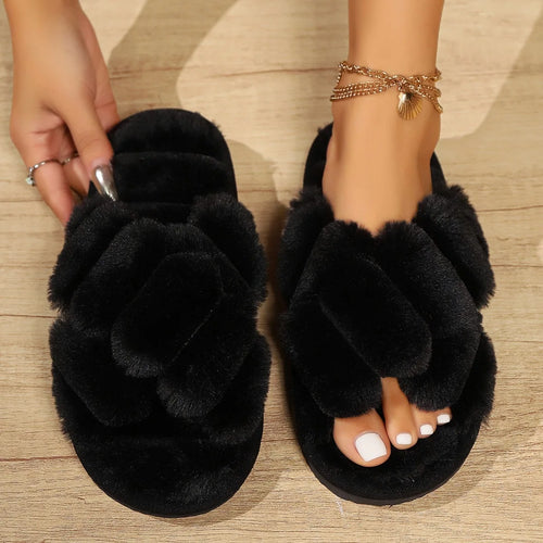 Women's Fluffy Cross Strap Fur Slippers Lightweight Soft Warm Plush