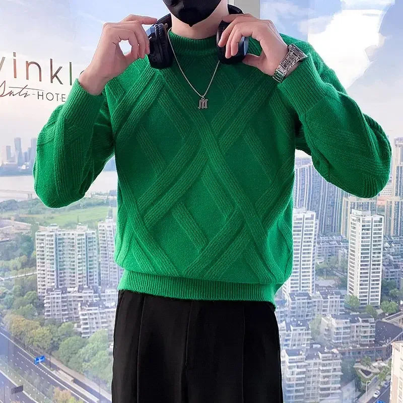 White Knitted Sweaters for Men Round Collar Green Crewneck Pullovers