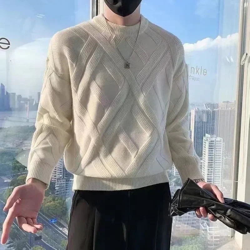 White Knitted Sweaters for Men Round Collar Green Crewneck Pullovers