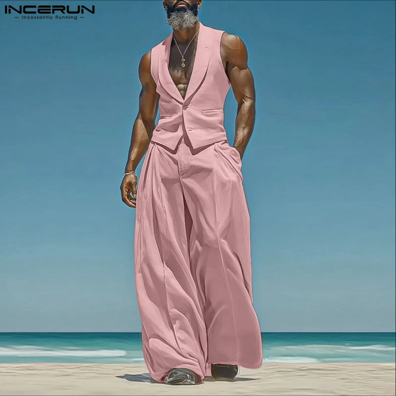 INCERUN Summer Men's Sets Solid Color Sleeveless Tops Tee Buttons