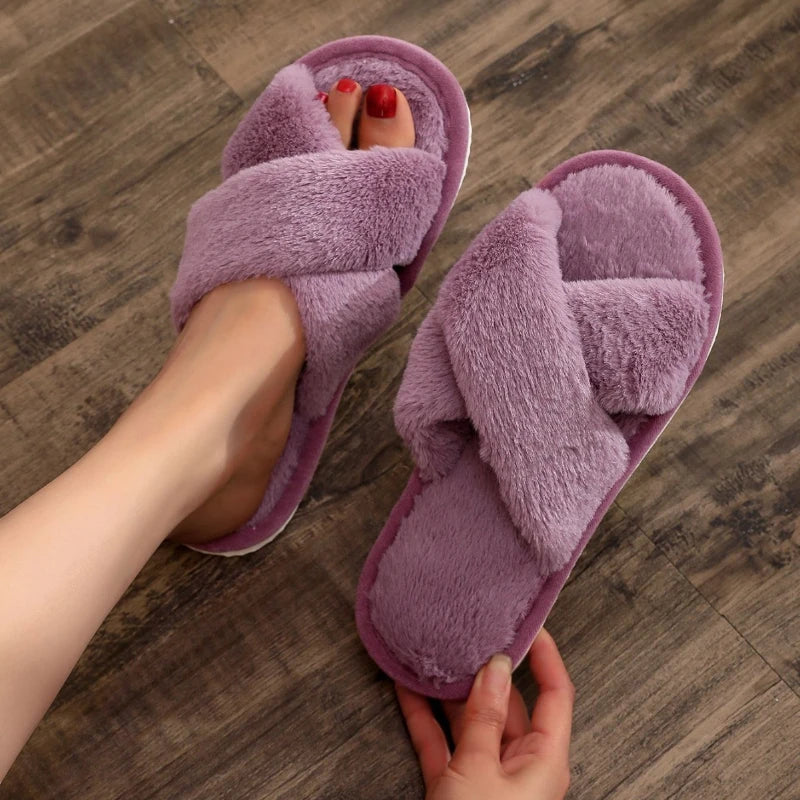 Autumn New Fashion Cross Strap Fur Slippers Women Indoor Light Warm