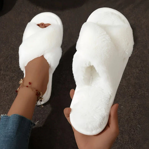 Autumn New Fashion Cross Strap Fur Slippers Women Indoor Light Warm