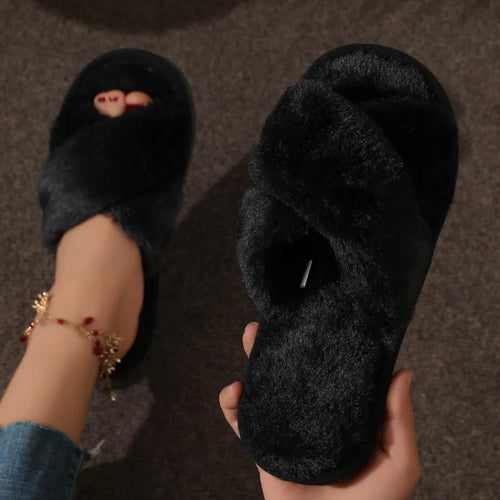 Autumn New Fashion Cross Strap Fur Slippers Women Indoor Light Warm