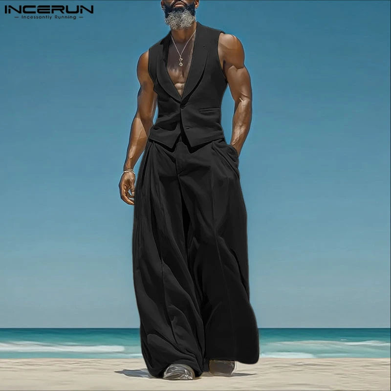 INCERUN Summer Men's Sets Solid Color Sleeveless Tops Tee Buttons