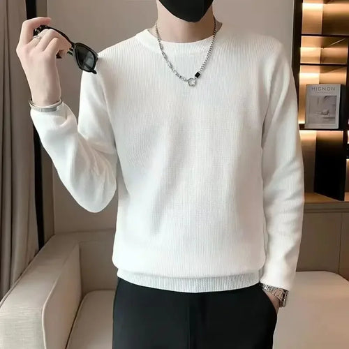 White Knitted Sweaters for Men Round Collar Green Crewneck Pullovers