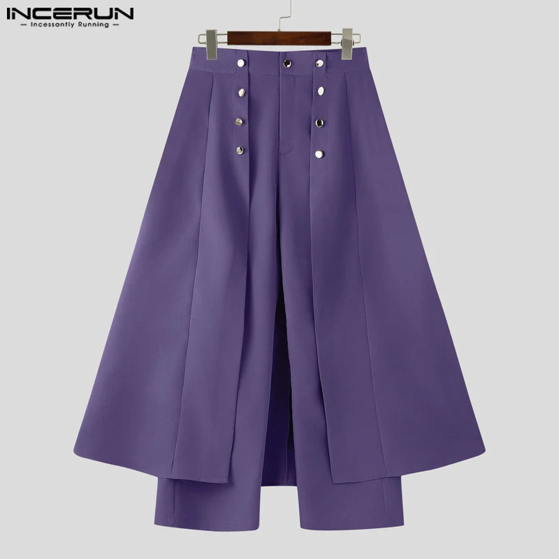 INCERUN Men Irregular Pants Solid Color Button Joggers Loose Casual