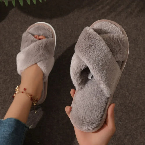 Autumn New Fashion Cross Strap Fur Slippers Women Indoor Light Warm