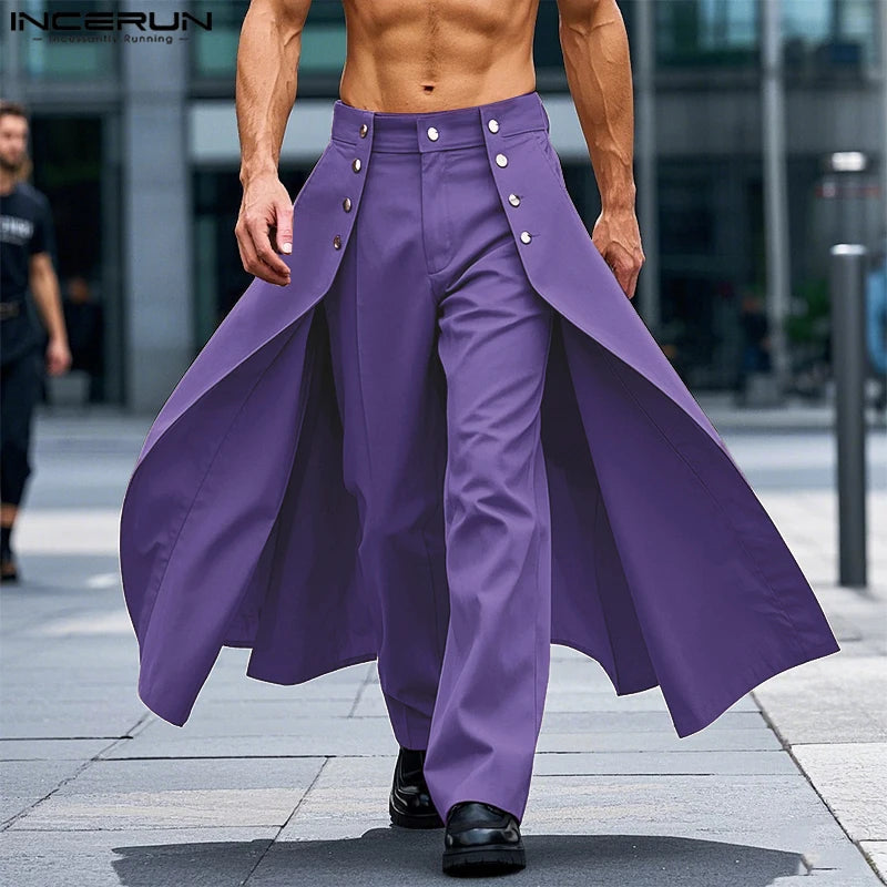 INCERUN Men Irregular Pants Solid Color Button Joggers Loose Casual